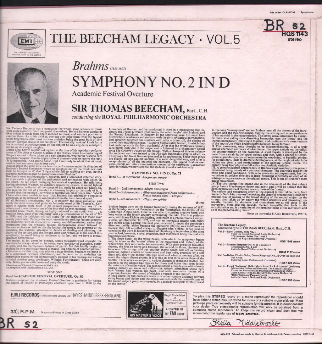 Sir Thomas Beecham / Royal Philharmonic Orchestra - Brahms  - Symphony No. 2 In D / Academic Festival Overture - Lp
