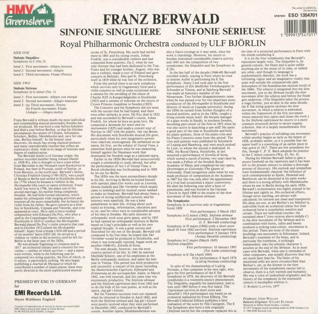 Berwald - Symphonie Singuliere Symphonie Serieuse - Lp