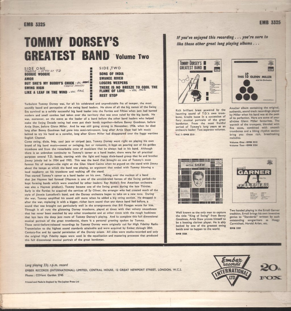Tommy Dorsey And His Orchestra - Tommy Dorsey's Greatest Band Volume Two - Lp