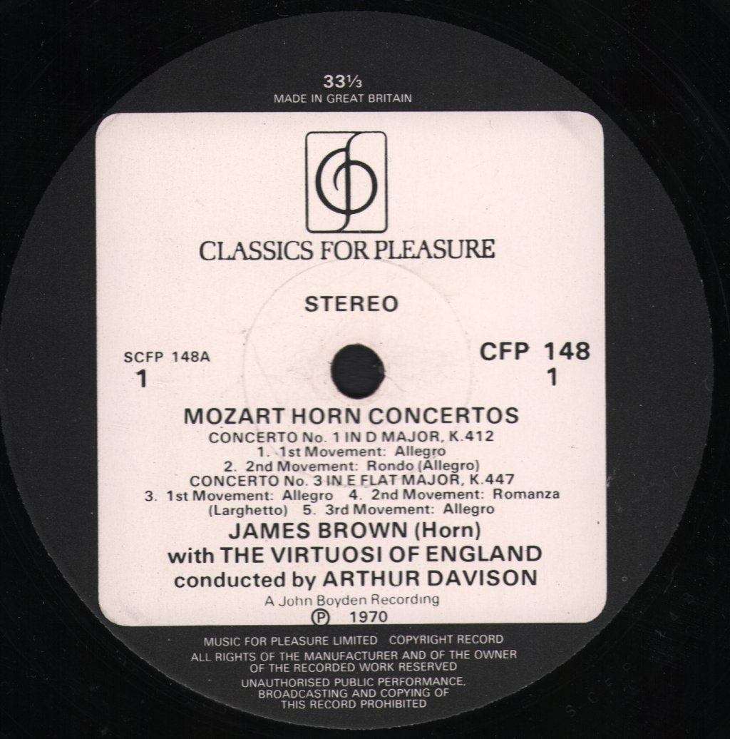 James Brown / Virtuosi Of England / Arthur Davison - Mozart Horn Concertos - Lp