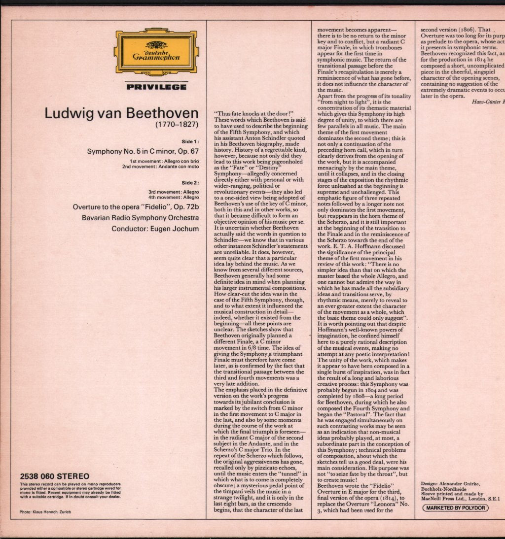 Eugen Jochum / Bavarian Radio Symphony Orchestra - Ludwig van Beethoven - Symphony No. 5 - Overture To 'Fidelio' - Lp