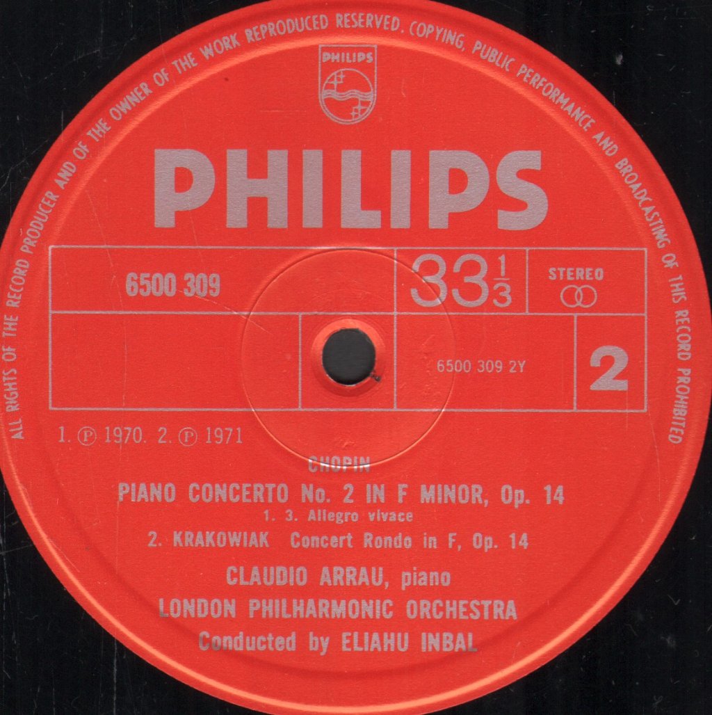 Claudio Arrau / London Philharmonic Orchestra / Eliahu Inbal - Chopin - Piano Concerto N°2 En F Minor, Op. 21/"Krakowiak", Op. 14 - Lp