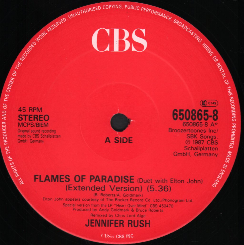 Jennifer Rush Duet With Elton John - Flames Of Paradise - 12 Inch