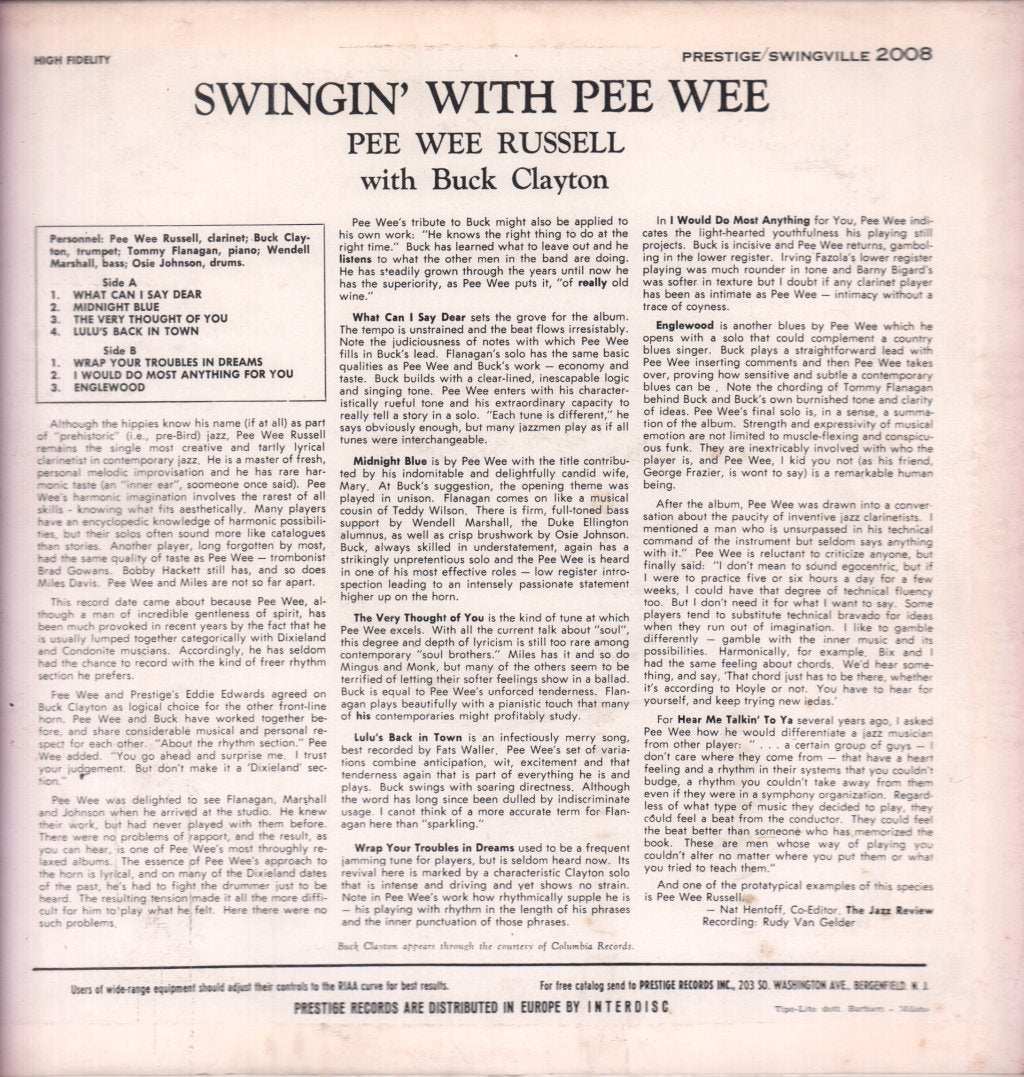 Pee Wee Russell With Buck Clayton - Swingin' With Pee Wee - Lp