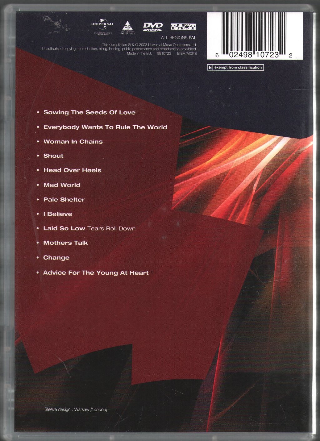 Tears For Fears - Tears Roll Down - Greatest Hits '82-'92 - Dvd