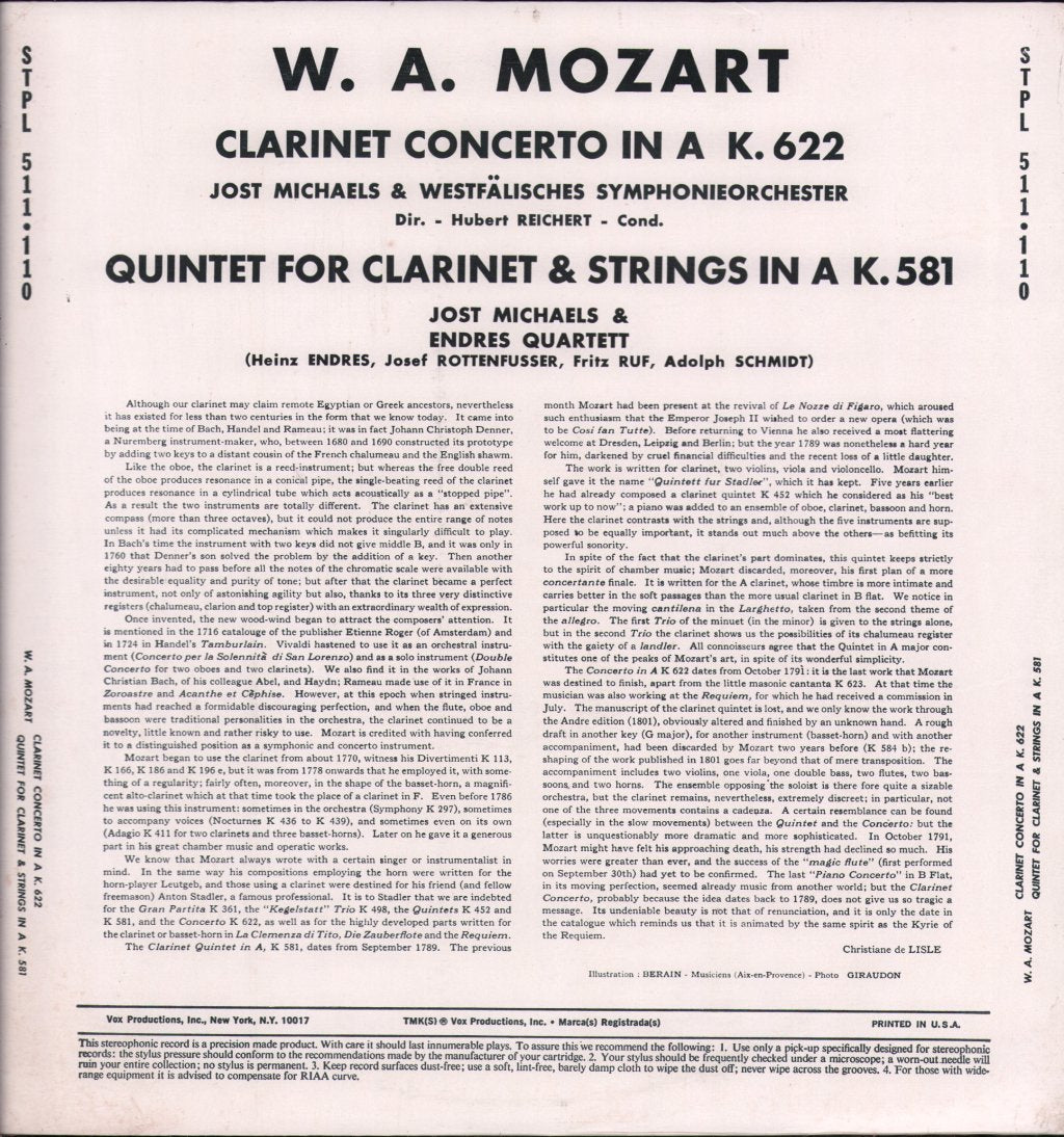 Jost Michaels & Endres Quartett - Mozart - Clarinet Concerto In A Major / Quintet For Clarinet And Strings In A Major - Lp