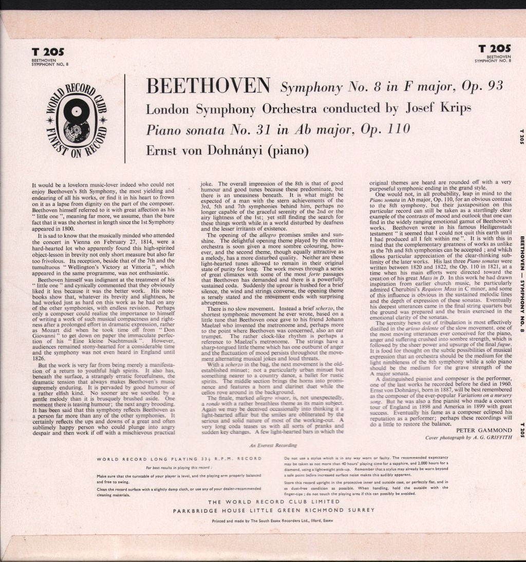 Josef Krips / London Symphony Orchestra - Beethoven - Symphony No. 8 - Lp
