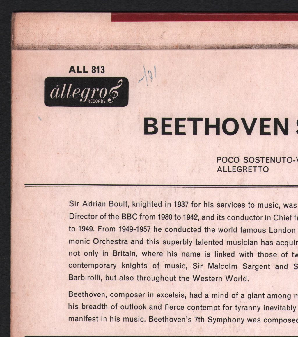 Sir Adrian Boult / Philharmonic Promenade Orchestra Of London - Beethoven Symphony No.7 in A - Lp