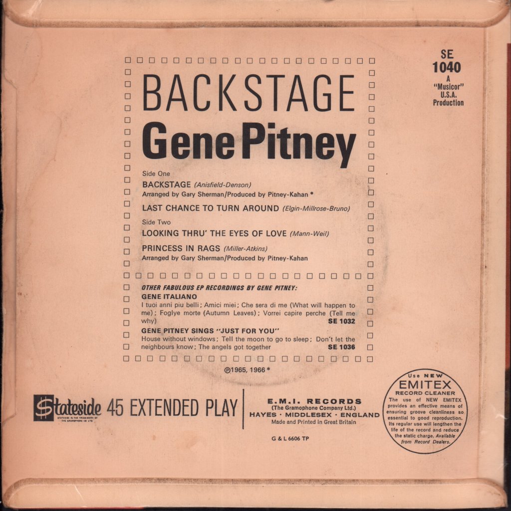 Gene Pitney - Backstage - 7 Inch