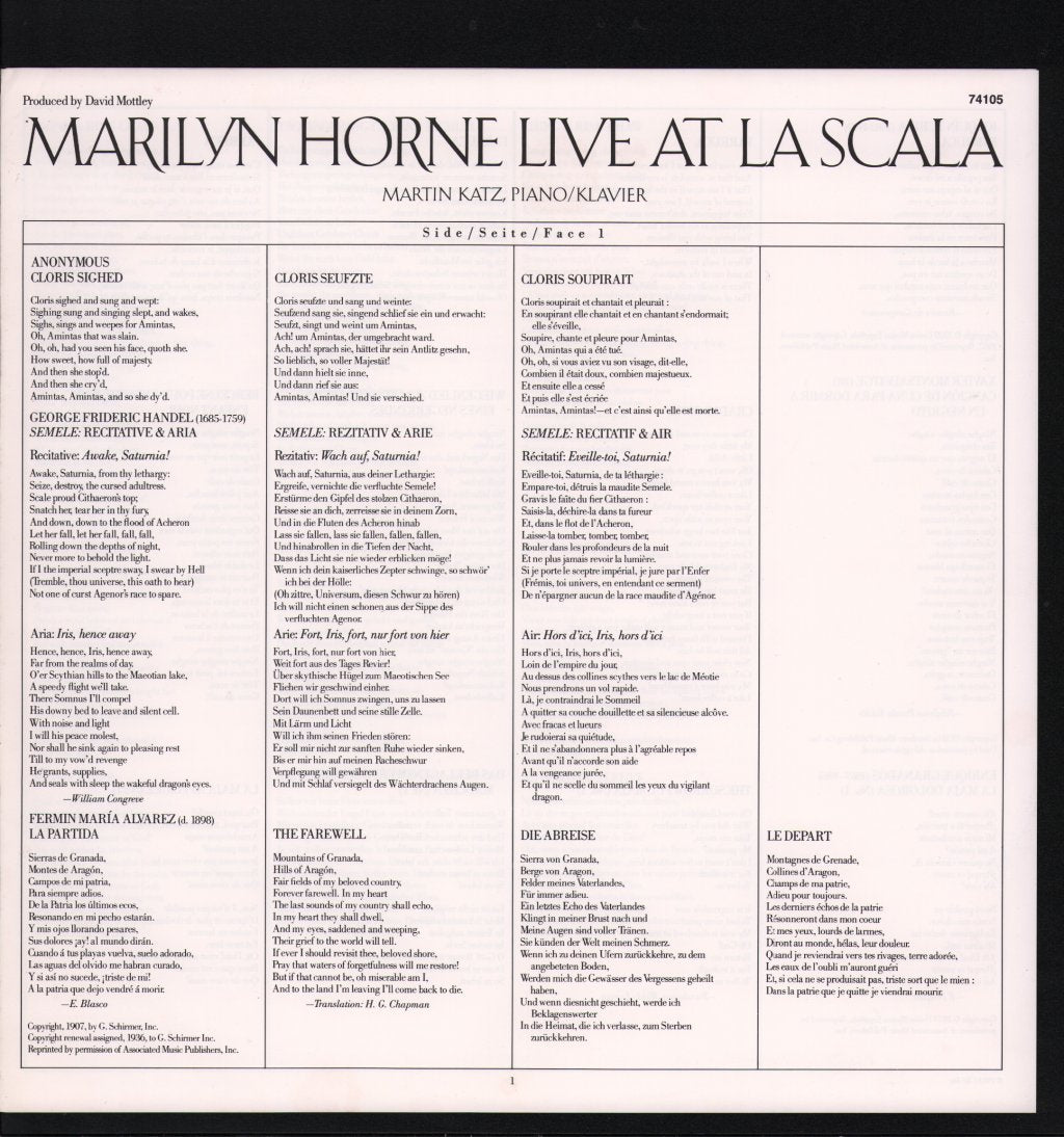 Marilyn Horne / Martin Katz - Live At La Scala - Lp