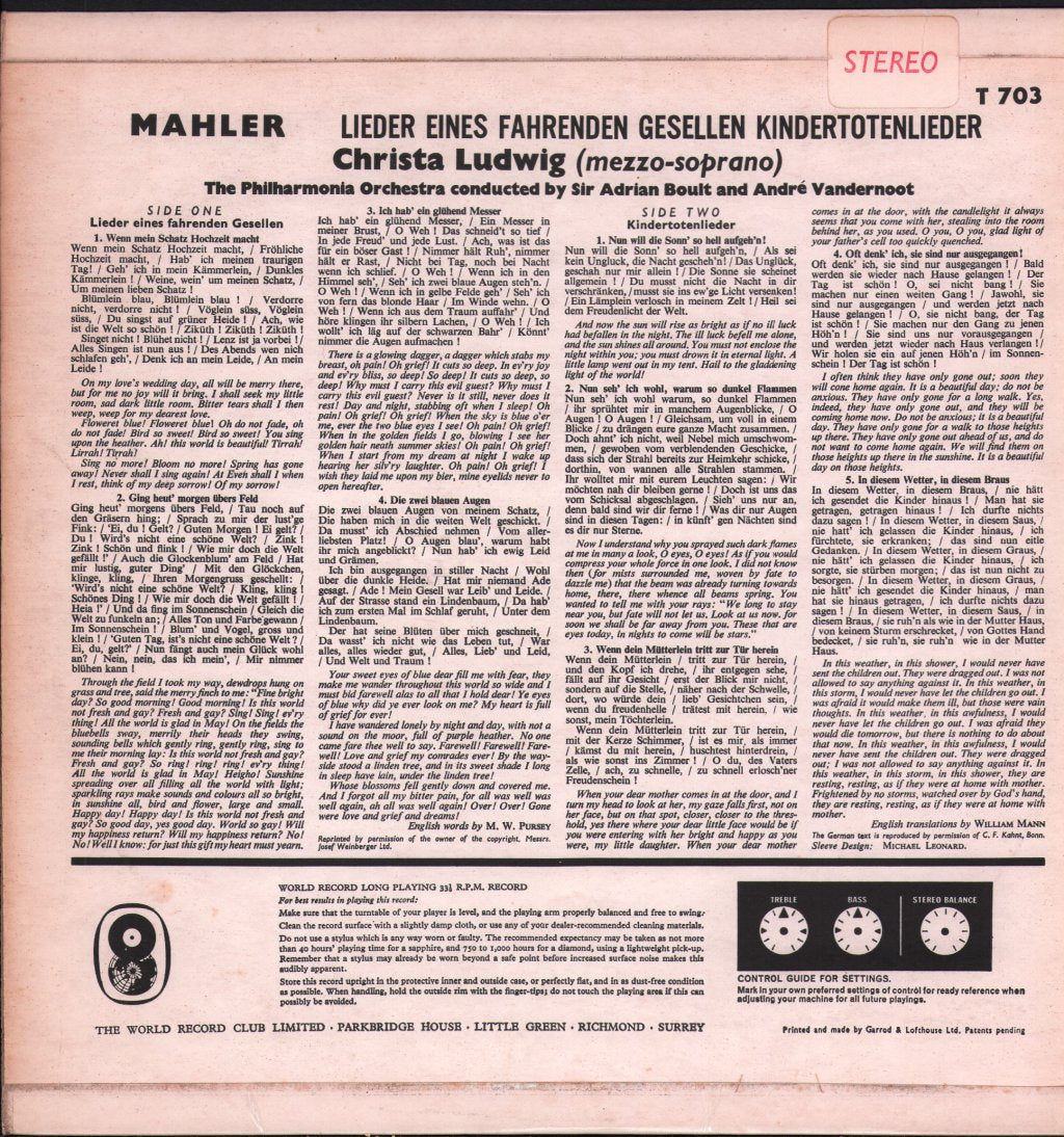 Christa Ludwig / Sir Adrian Boult / Andre Vandernoot / Philharmonia Orchestra - Mahler - Kindertotenlieder / Lieder Eines Fahrenden Gesellen - Lp