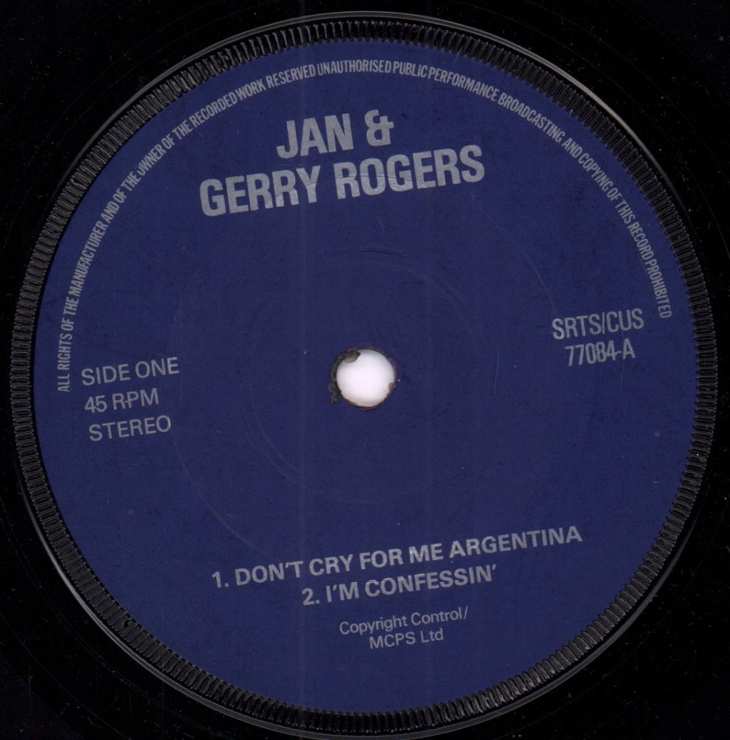 Jan And Gerry Rogers - Don't Cry For Me Argentina - 7 Inch
