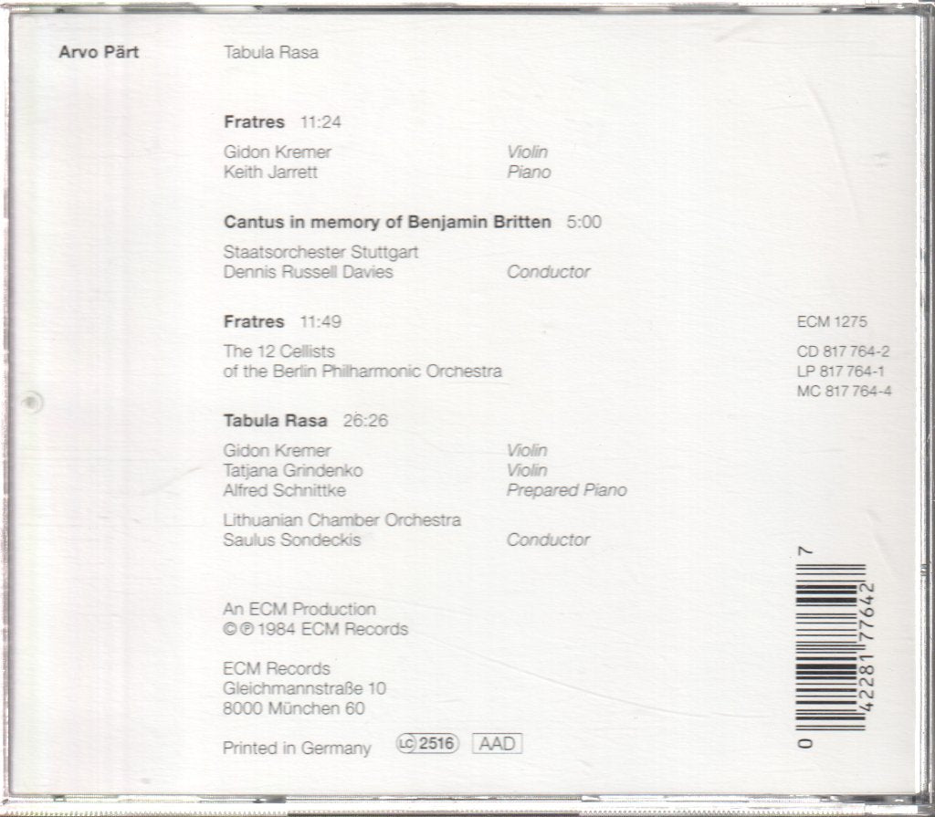 Arvo Pärt - Tabula Rasa - Cd