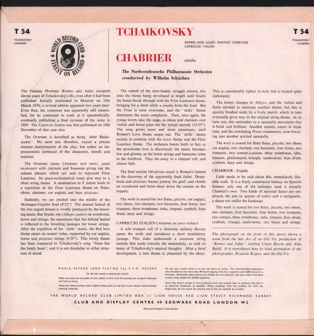 Nordwestdeutsche Philharmonic Orchestra / Wilhelm Schuchter - Tchaikovsky - Romeo And Juliet / Capriccio Italien / Chabrier - España - Lp