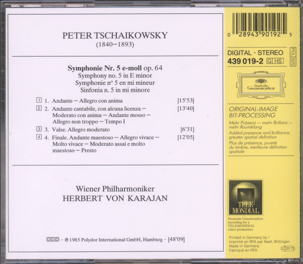 Wiener Philharmoniker, Herbert Von Karajan - Tchaikovsky - Symphonie No. 5 - Cd
