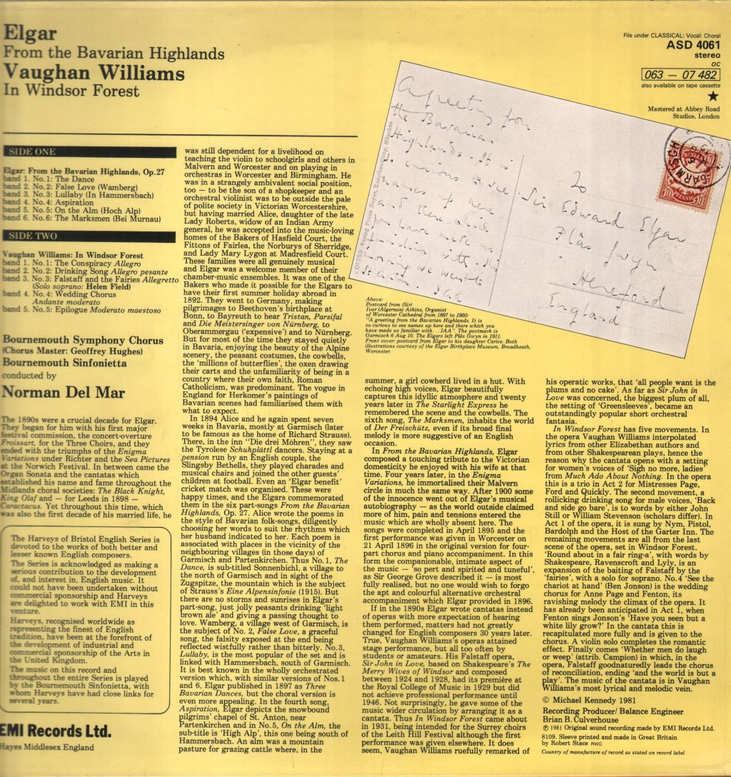 Norman Del Mar / Bournemouth Symphony Chorus / Bournemouth Sinfonietta - Elgar - From The Bavarian Highlands / Vaughan Williams - In Windsor Forest - Lp