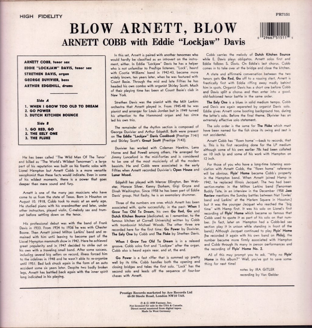 Arnett Cobb With Eddie Lockjaw Davis - Blow Arnett Blow - Lp