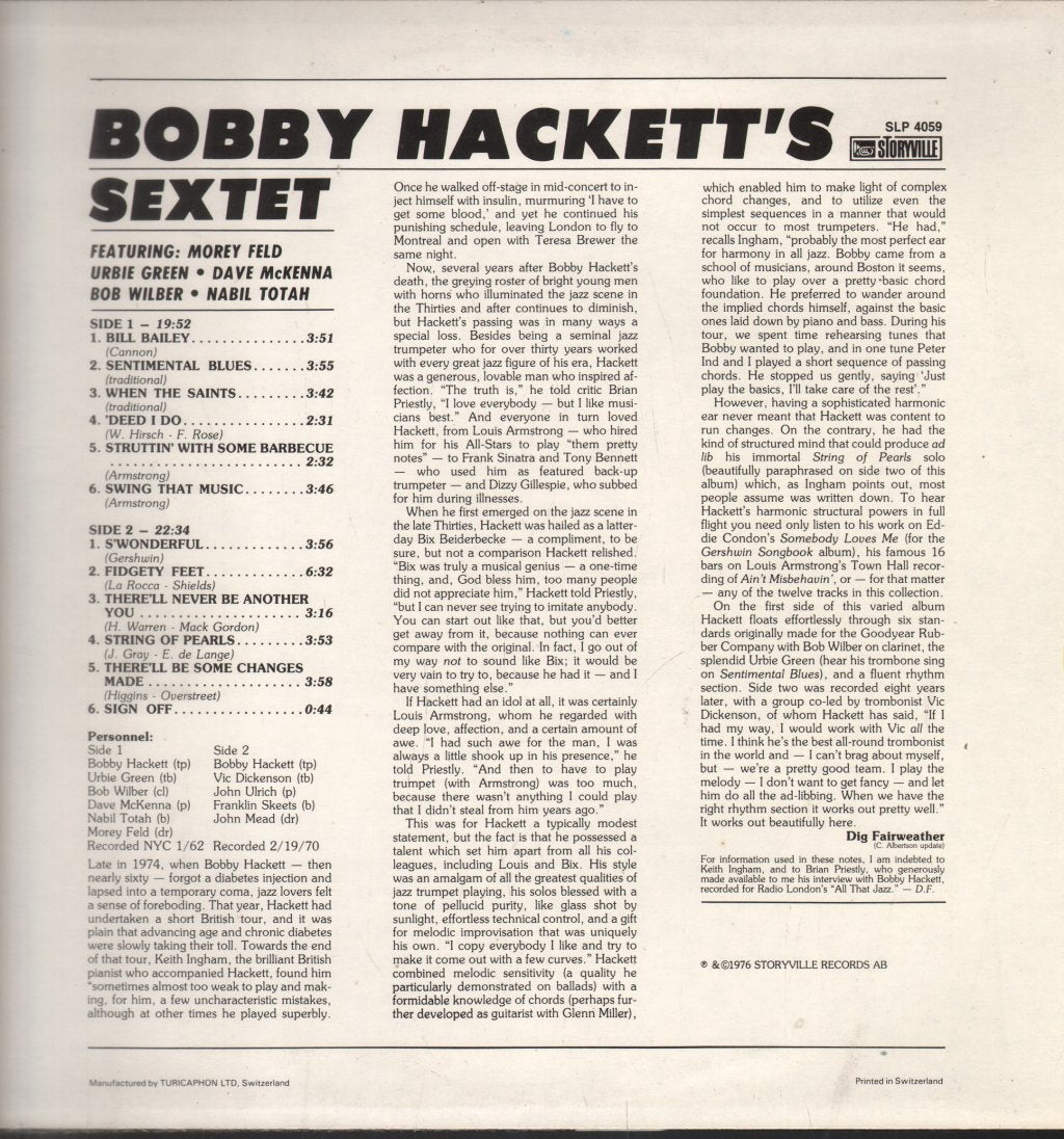 Bobby Hackett Sextet - Bobby Hackett's Sextet - Lp