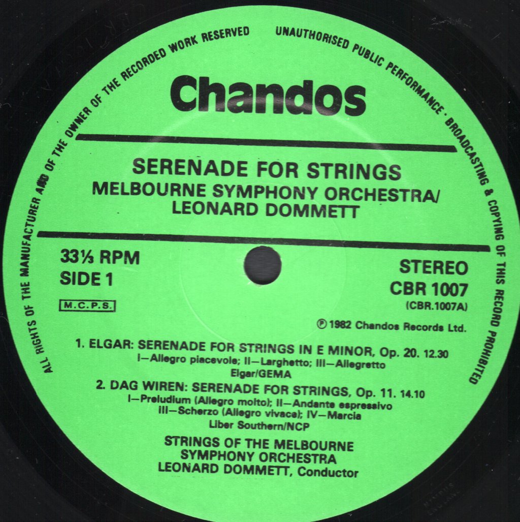 Strings Of The Melbourne Symphony Orchestra / Leonard Dommett - Serenade For Strings - Lp