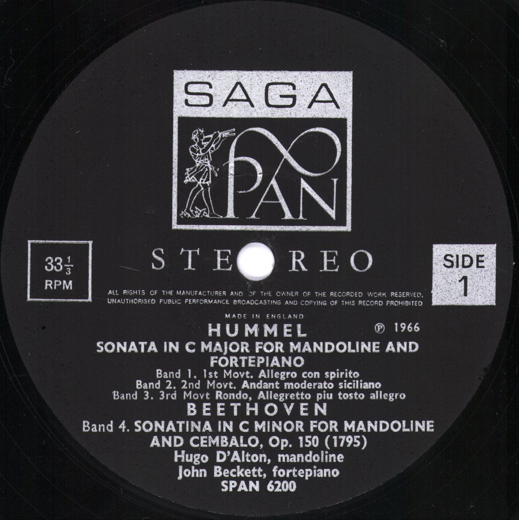 Hugo D'Alton / John Beckett - Music For The Mandoline - Works By Beethoven, Hummel - Lp