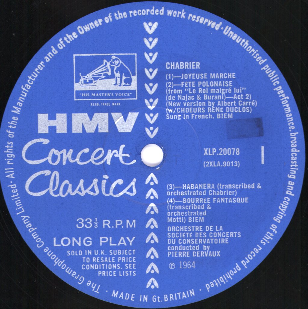 Pierre Dervaux / Paris Conservatoire Orchestra / Paris Opera Comique Orchestra - Massenet - Scenes Pittoresques / Chabrier - Joyeuse Marche - Lp