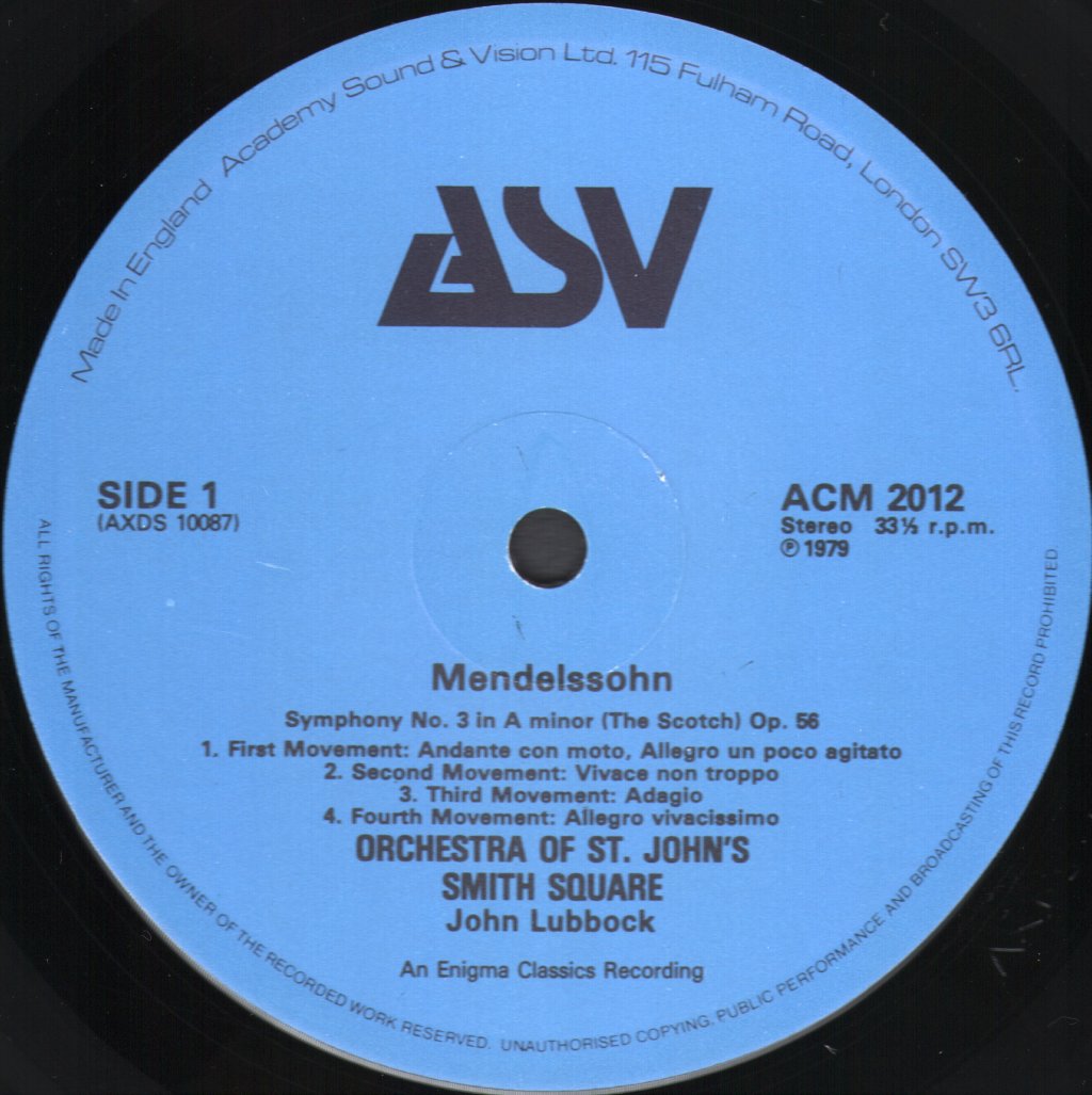 Orchestra Of St. John's Smith Square / John Lubbock - Mendelssohn - Symphony No. 3 In A Minor - Scotch / Symphony No. 4 In A Major - Italian - Lp