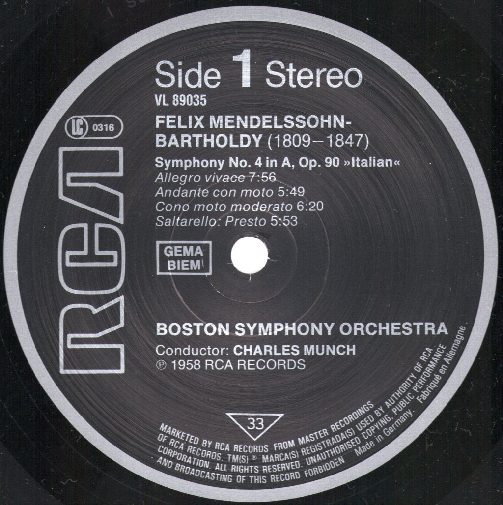 Charles Munch / Boston Symphony Orchestra - Mendelssohn - Symphony No. 4 "Italian / Symphony No. 5 "Reformation" - Lp