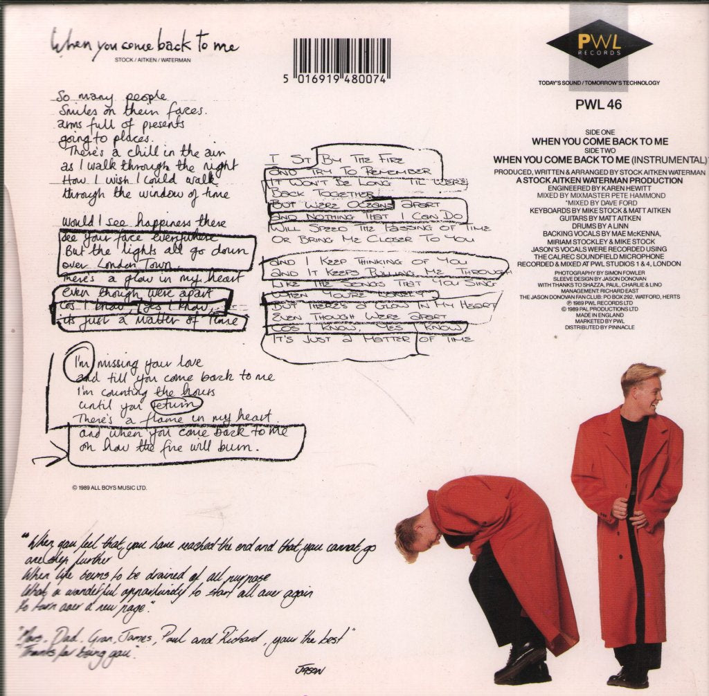 Jason Donovan - When You Come Back To Me - 7 Inch