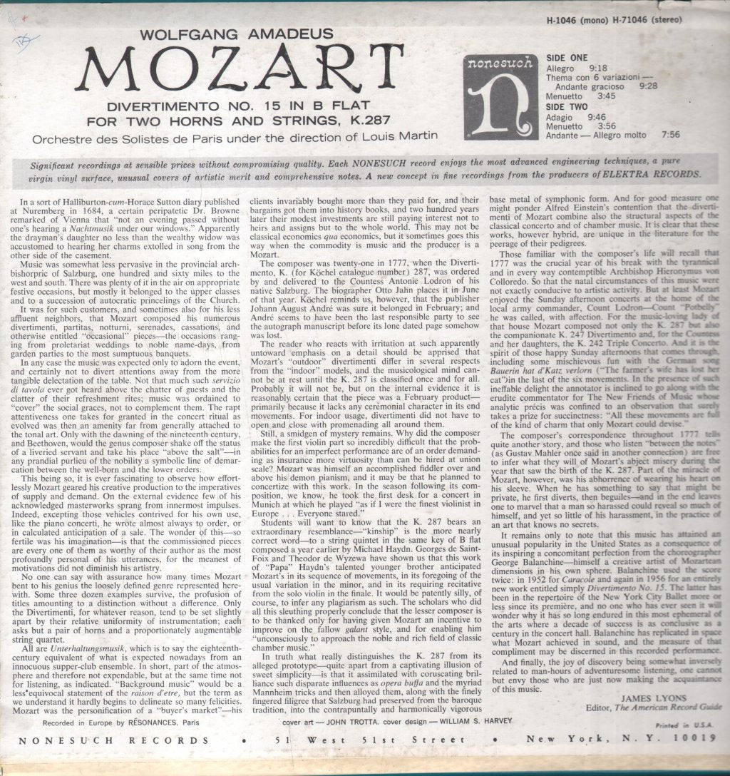 Orchestre des Solistes de Paris / Louis Martin - Wolfgang Amadeus Mozart - Divertimento No. 15 In B Flat For Two Horns And Strings, K.287 - Lp