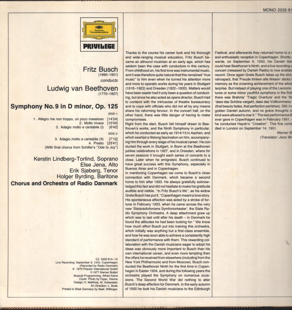 Kerstin Lindberg-Torlind / Elsa Jena / Erik Sjoberg - Busch / Beethoven - Symphony Nr. 9 - Lp