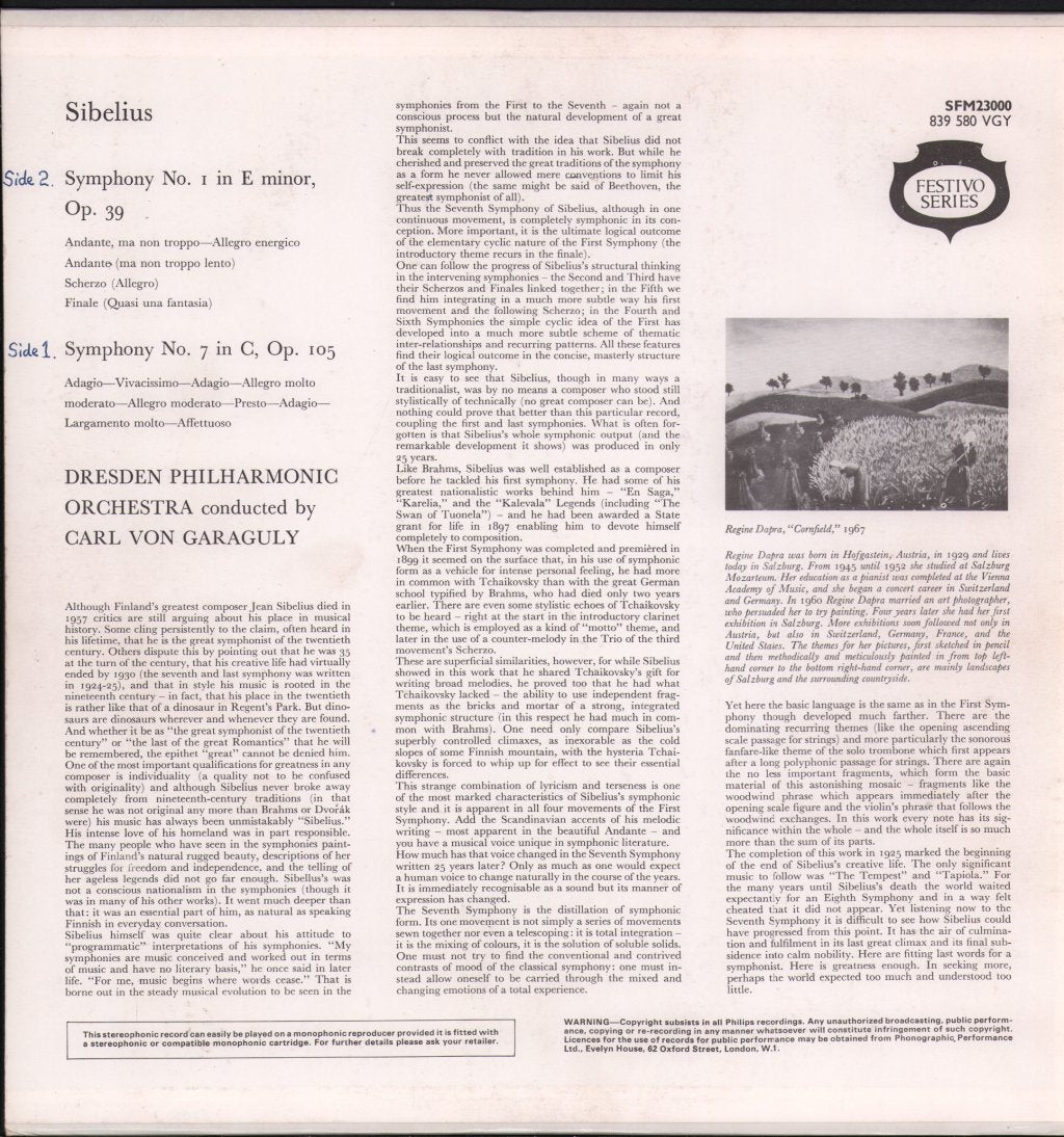 Dresden Philharmonic Orchestra / Carl von Garaguly - Sibelius - Symphony No.1 In E Minor, Op. 39; Symphony No. 7 In C, Op. 105 - Lp