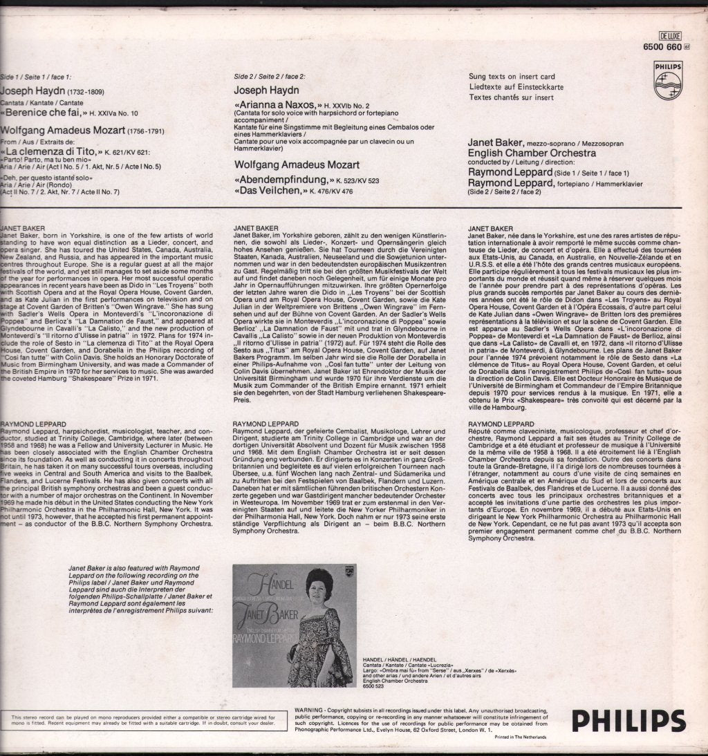 Janet Baker / Raymond Leppard English Chamber Orchestra - Mozart Arias - La Clemenza Di Tito / Haydn - Arianna - Lp