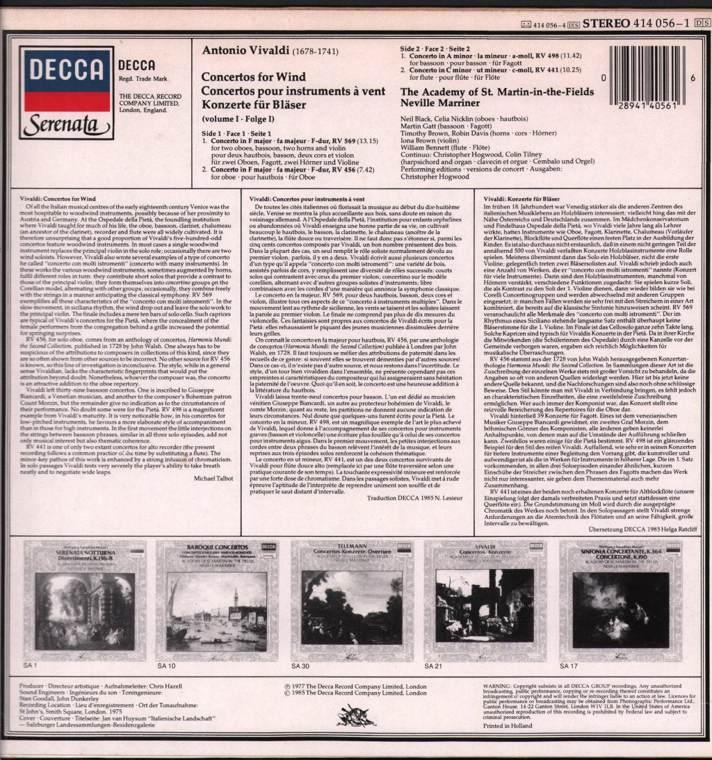 Neville Marriner / Academy Of St. Martin In The Fields - Vivaldi - Wind Concertos I - Bläserkonzerte I / Concertos Pour Instruments à Vent I - Lp