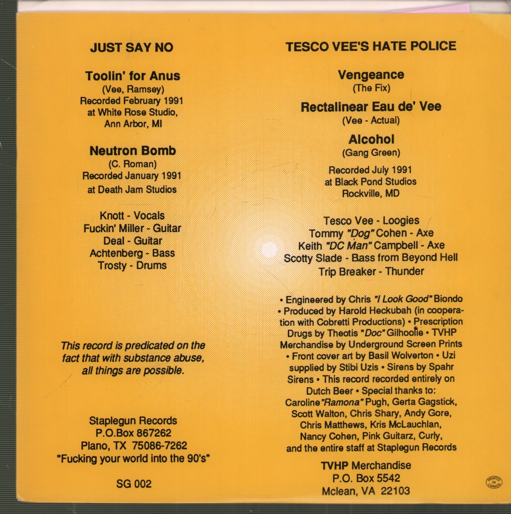 Just Say No and Tesco Vee's Hate Police - Fuck Straight-Edge Vol.2 - 7 Inch