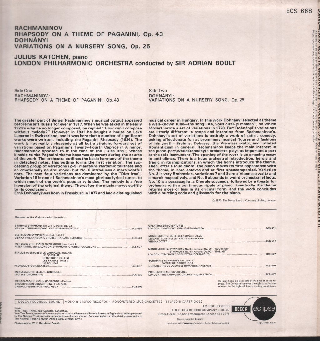 Julius Katchen / London Philharmonic Orchestra / Sir Adrian Boult - Rachmaninov - Rhapsody On A Theme Of Paganini / Dohnányi - Variations On A Nursery Tune - Lp
