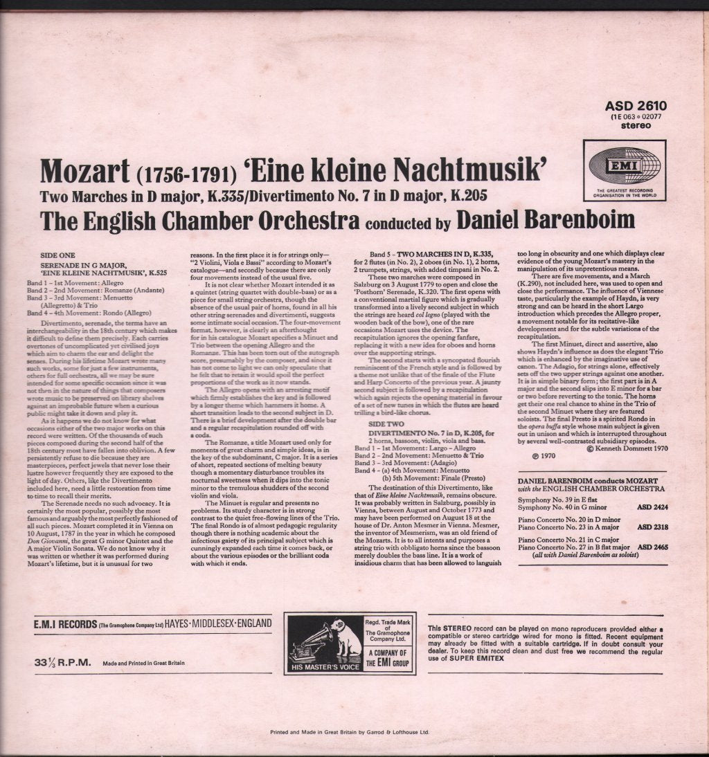 Daniel Barenboim / English Chamber Orchestra - Mozart - Eine Kleine Nachtmusik / Divertimento In D, K.205 / Two Marches, K.335 - Lp