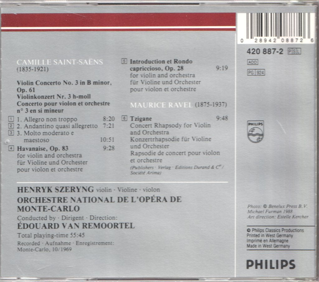 Henryk Szeryng / Orchestre National De L'Opéra De Monte-Carlo - Saint-Saëns / Ravel - Violin Concerto No. 3 / Tzigane - Cd