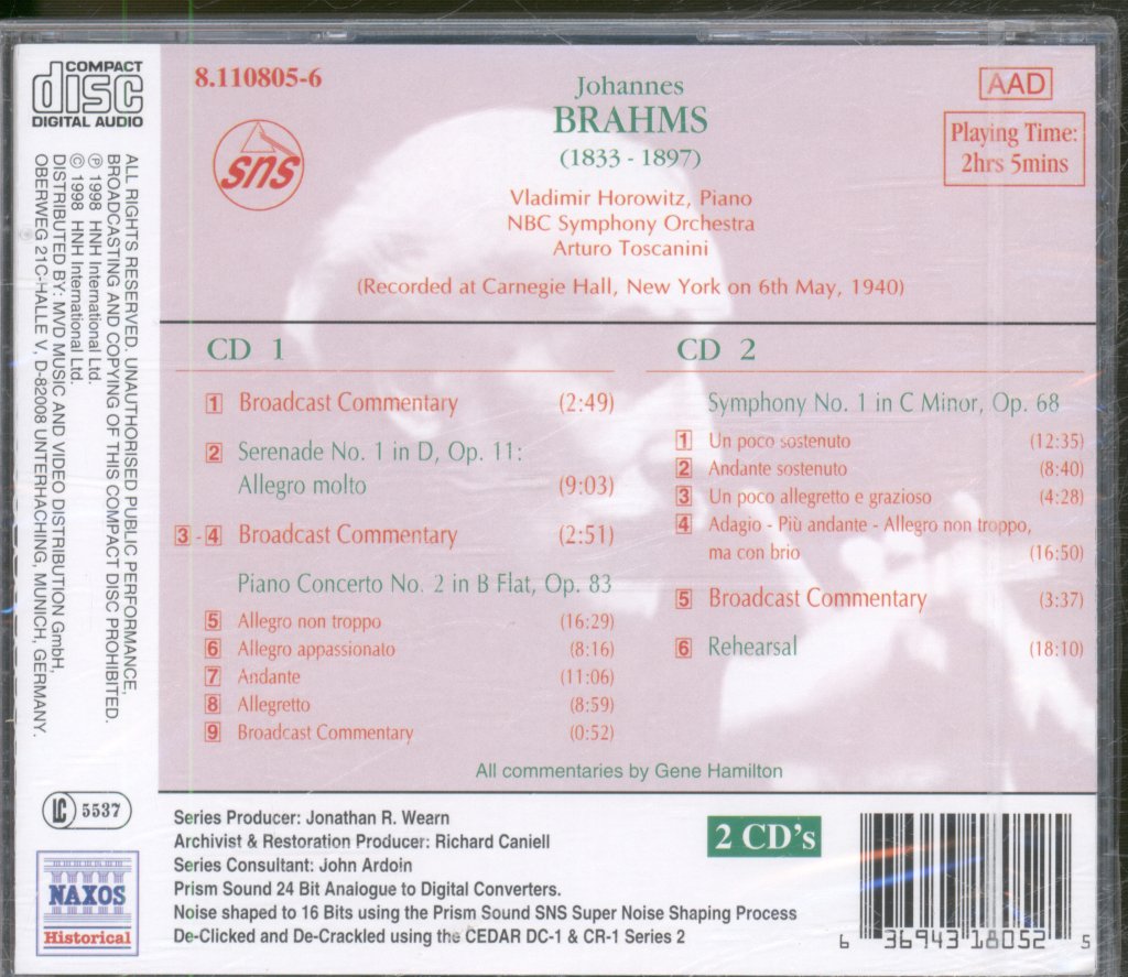 Vladimir Horowitz, NBC Symphony Orchestra - Brahms - Piano Concerto No. 2 / Symphony No. 1 - Double Cd