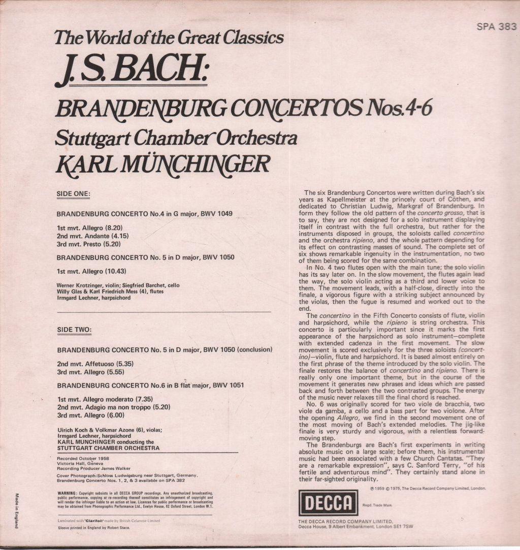 Karl Munchinger / Stuttgart Chamber Orchestra - J.s. Bach - Brandenburg Concertos Nos.4 - 6 - Lp