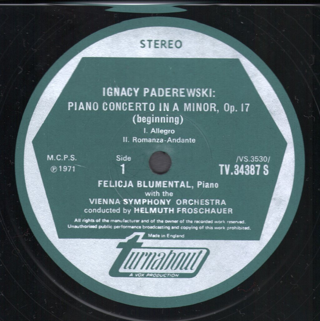 Felicja Blumental / Vienna Symphony Orchestra / Helmuth Froschauer - Paderewski - Piano Concerto In A Minor, Op. 17 / Rubinstein - Concertstück For Piano And Orchestra, Op. 113 - Lp