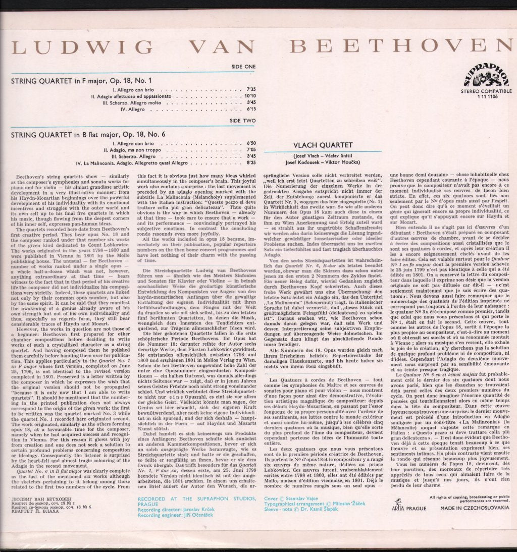 Vlach Quartet - Beethoven - String Quartets, Opus 18, No1 And 6 - Lp