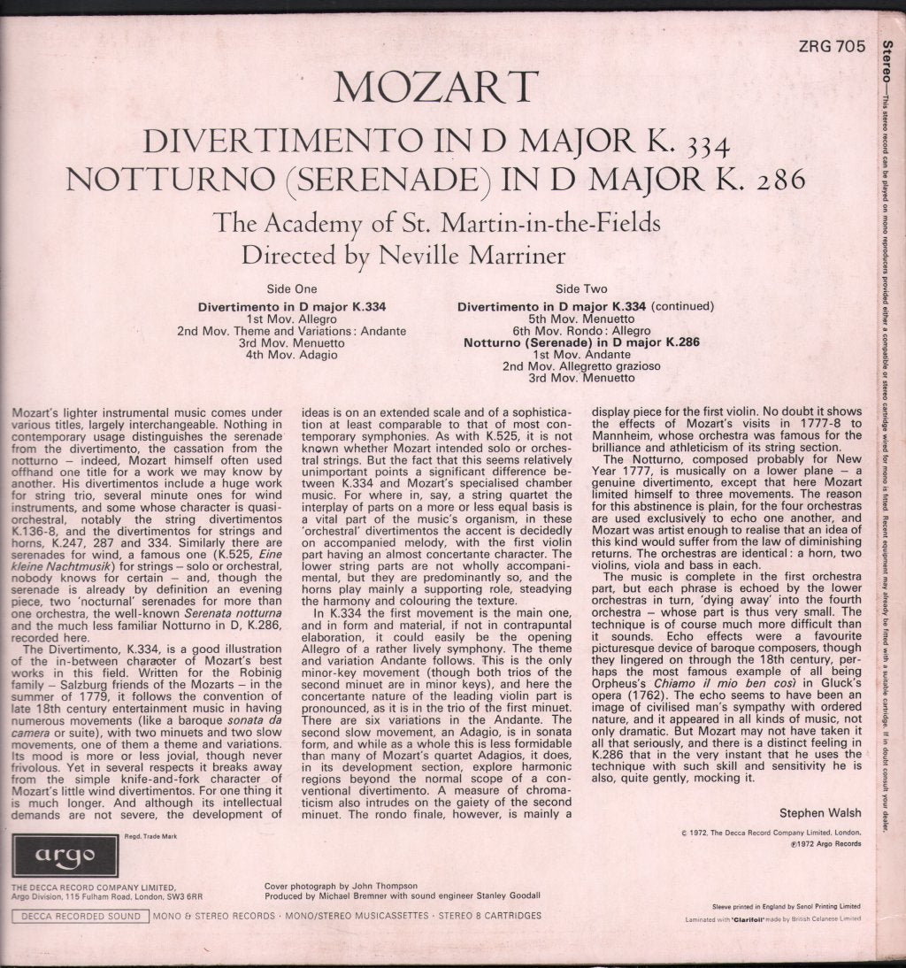 Neville Marriner / Academy Of St. Martin In The Fields - Mozart - Divertimento In D, K.334 / Notturno For Four Orchestras K.286 - Lp
