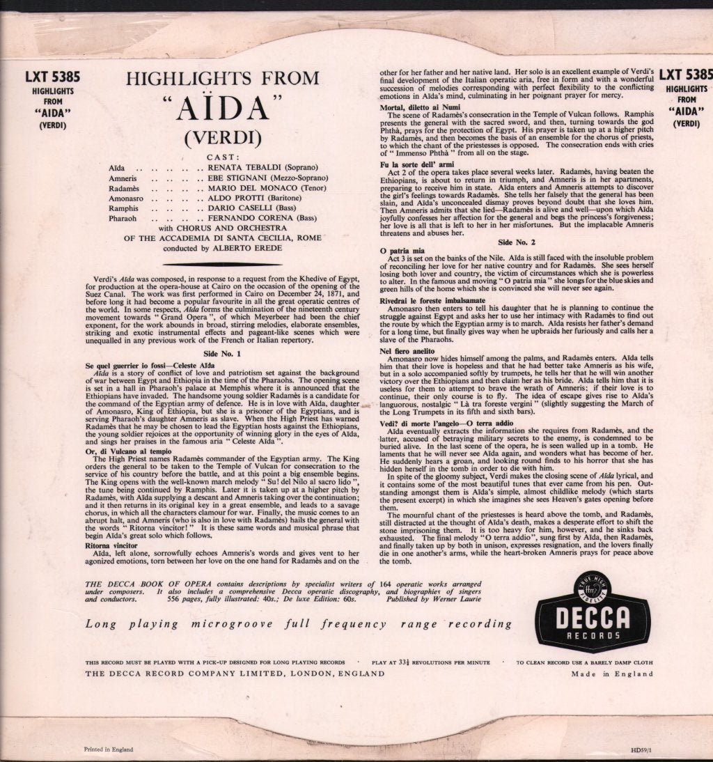 Renata Tebaldi / Ebe Stignani / Mario del Monaco / Chorus and Orchestra Of The Accademia Di Santa Cecilia, Rome / Alberto Erede - Verdi - Highlights From Aida - Lp