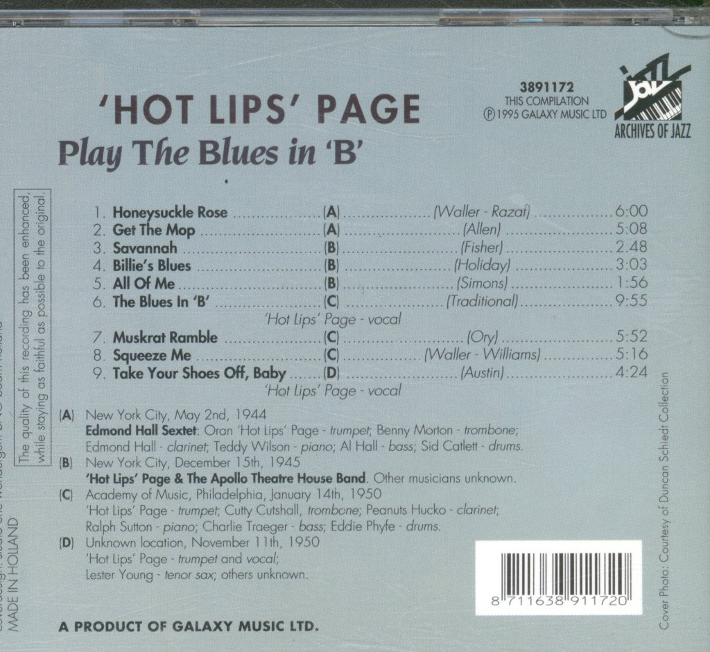 Hot Lips Page - Play The Blues In 'B' - Cd