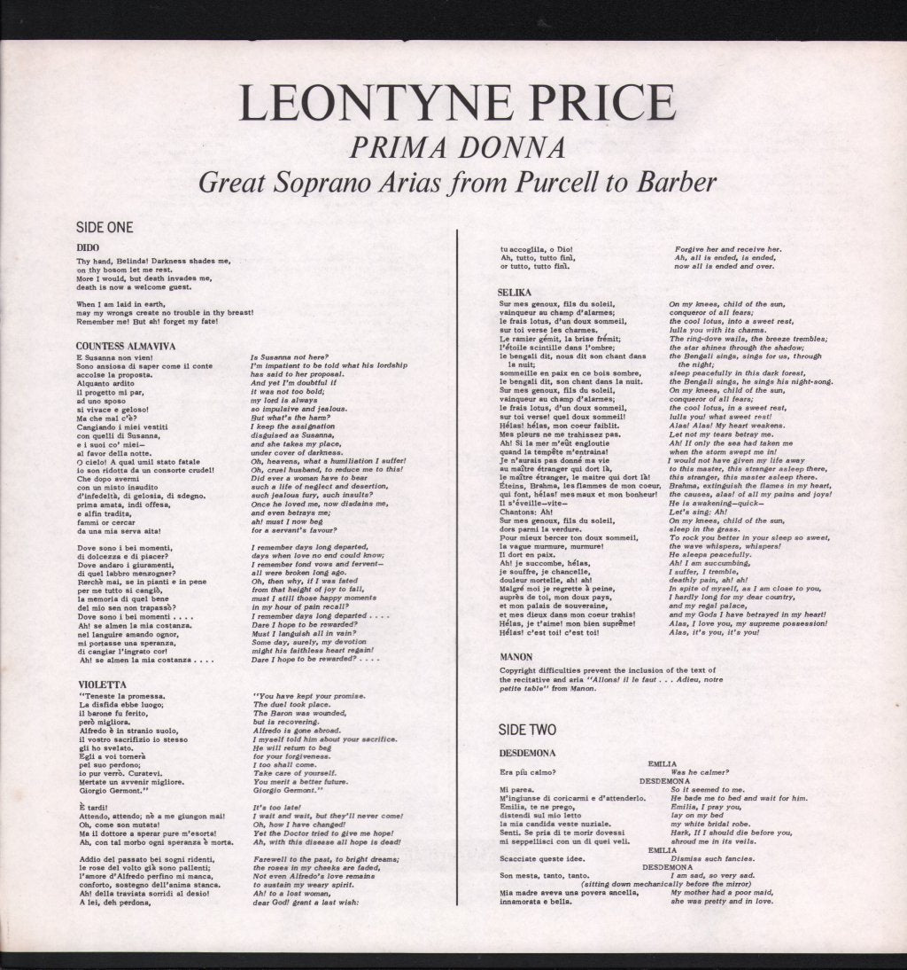 Leontyne Price - Prima Donna - Great Soprano Arias From Purcell To Barber - Lp