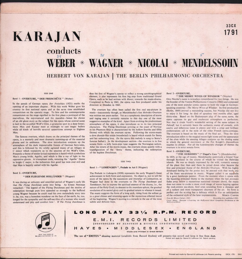 Herbert Von Karajan / Berlin Philharmonic Orchestra - Weber / Wagner / Nicolai / Mendelssohn Overtures - Lp