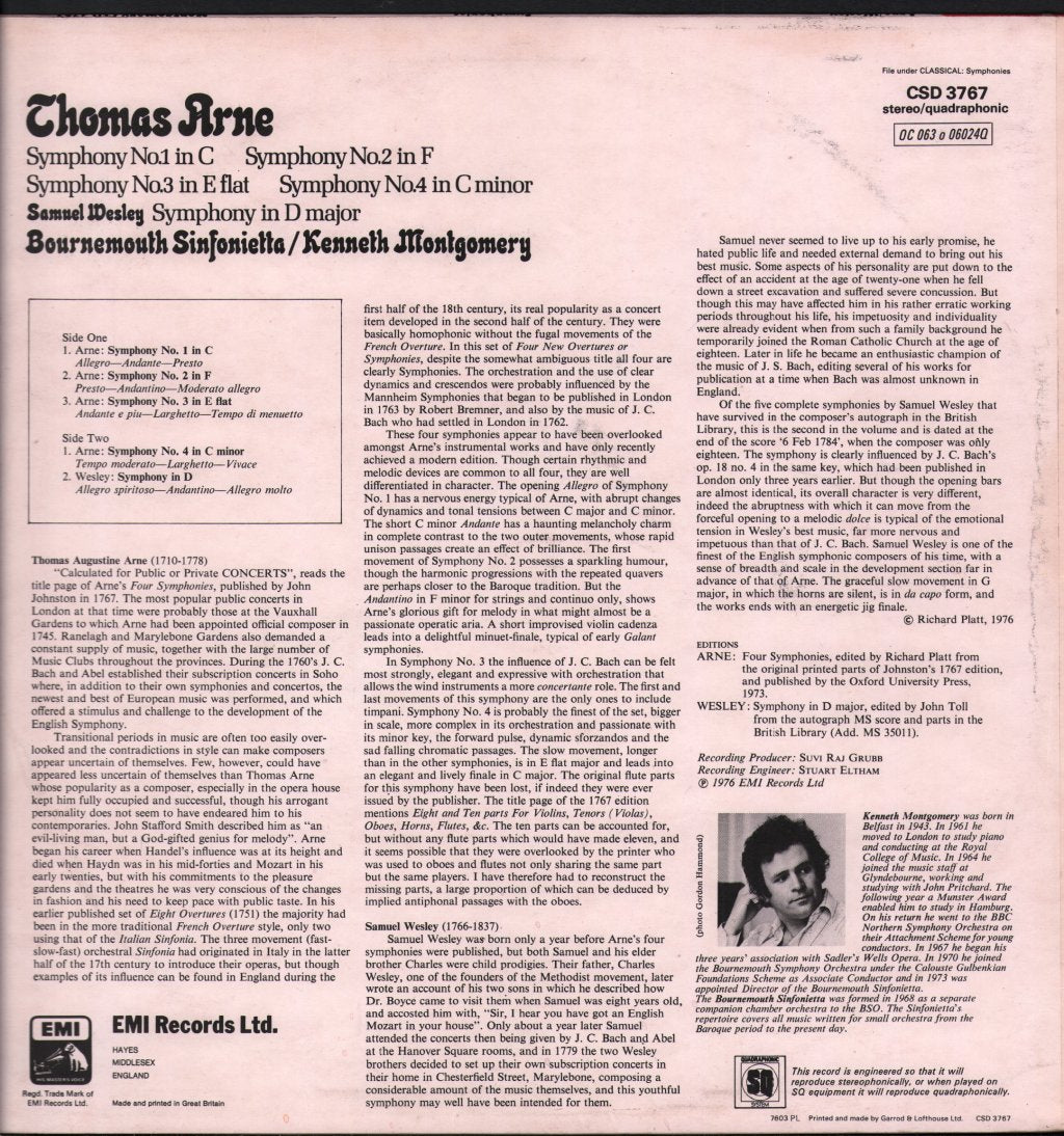 Bournemouth Sinfonietta / Kenneth Montgomery - Thomas Arne / Samuel Wesley - Symphonies - Lp