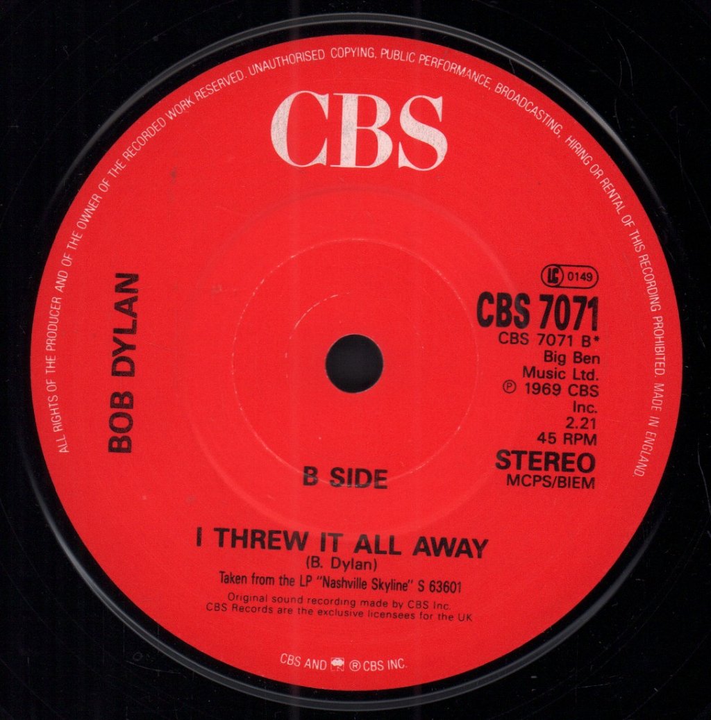 Bob Dylan - Lay Lady Lay / I Threw It All Away - 7 Inch