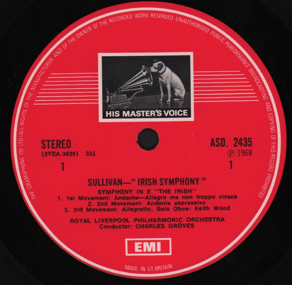 Charles Groves / Royal Liverpool Philharmonic Orchestra - Sullivan - Irish Symphony / Overture Di Ballo - Lp