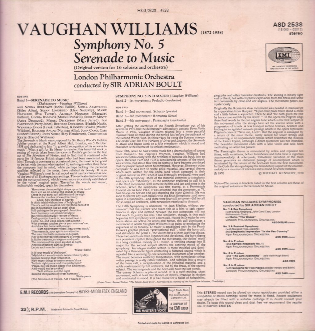 Sir Adrian Boult / London Philharmonic Orchestra - Vaughan Williams Symphony No. 5 / Serenade To Music - Lp